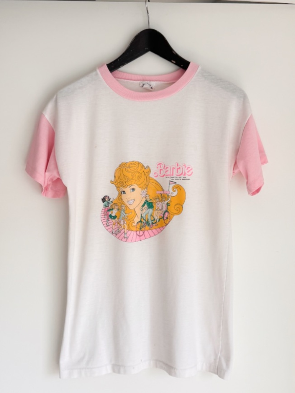 Vtg 1988 Barbie Colorblock Ringer T-Shirt Thrashed Distressed Holes Stains 80s